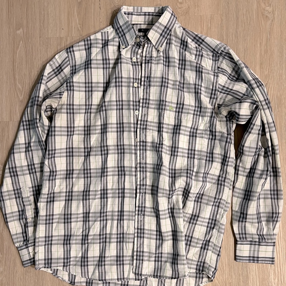 Vintage Burberry Button Down Dress Shirt: GREEN/GREY/WHITE